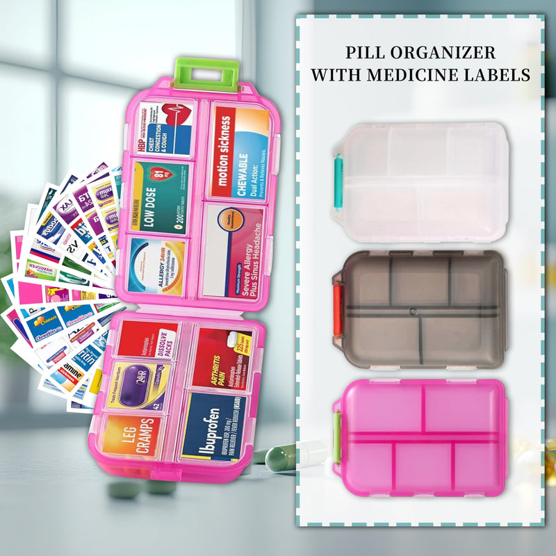 3 Pack Pill Organizers with Medicine Labels, Pink White Grey | 3 compact pill cases with 3x161 medicine labels for 7-day planning, vitamins, travel, family use, and separate routines Pink+white+grey Standard