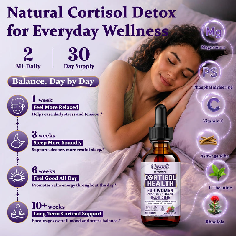 25-in-1 Liposomal Cortisol Drops for Women, Magnesium Glycinate 500mg-120ML | 2500MG Cortisol Manager, Detox with Ashwagandha, L-Theanine, Rhodiola, GABA - Sleep & Stress, Hormone, Focus, Mood, PMS* 2 Fl Oz (Pack of 2)