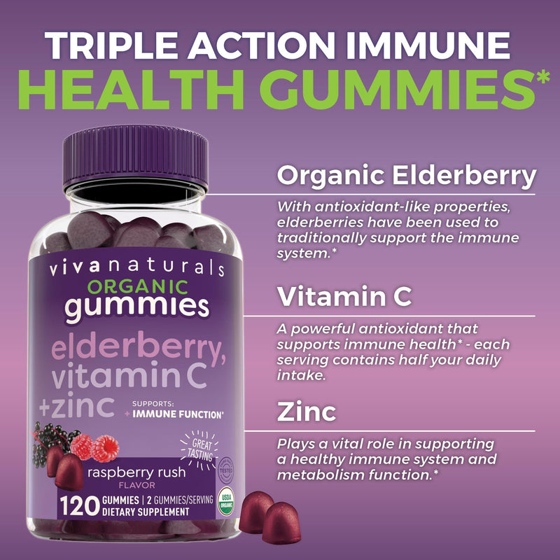 [Australia] - Organic Sambucus Elderberry Gummies with Zinc and Vitamin C (120 Count) - 3 in 1 Black Elderberry Gummies for Adults Immune Support, Chewable Elderberry Supplements, Immunity Gummies 