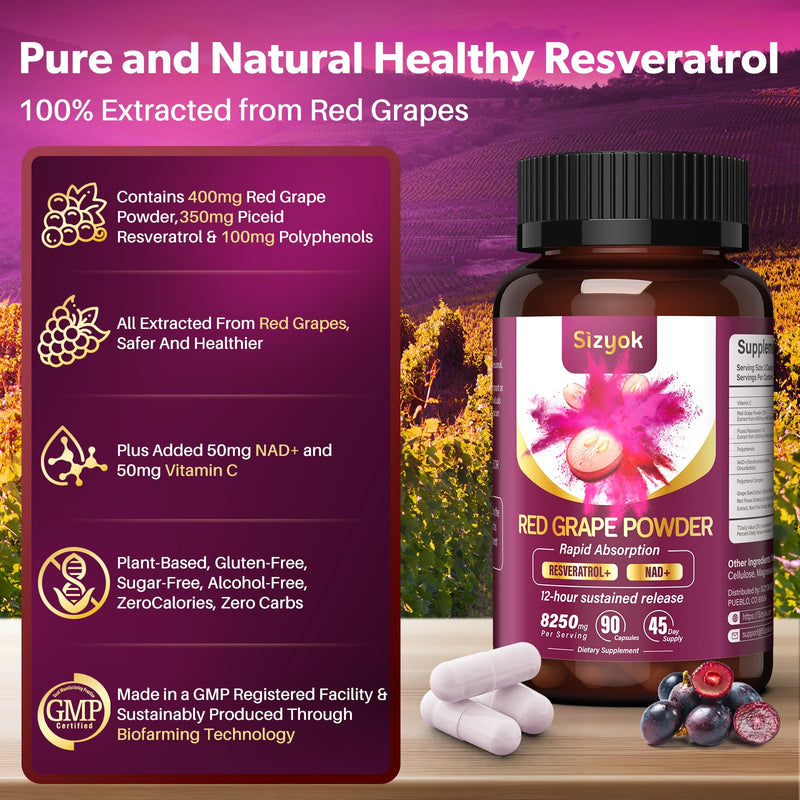 Piceid Resveratrol Supplement and NAD+ Cell Regenerator, Nitric Oxide Supplement, Support Heart Health, Blood Flow, Cellular Energy Production & Metabolism, Red Grape Powder, 45 Day Supply 90 Count (Pack of 1)