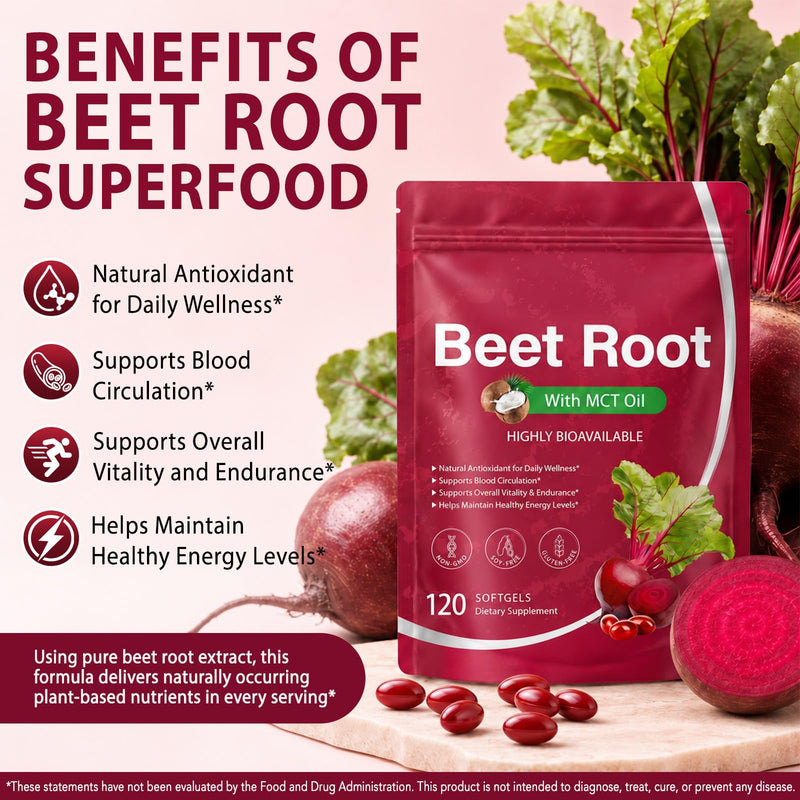 Beet Root Extract 120 Softgels with MCT Oil | Natural Beet Root Source, Beetroot Supplements, Non-GMO