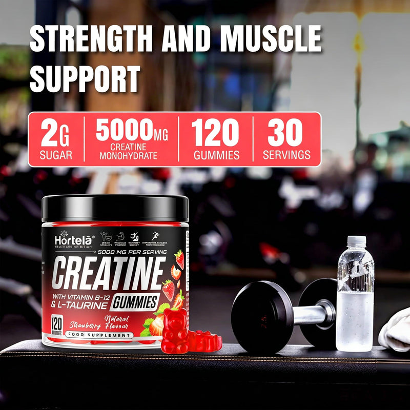 Creatine Gummies 5000mg – Creatine Monohydrate with B12 & L-Taurine | Strawberry Flavour Chewables for Men & Women | Energy, Muscle & Recovery Support | 120 Count (1 Month Supply) (Strawberry)