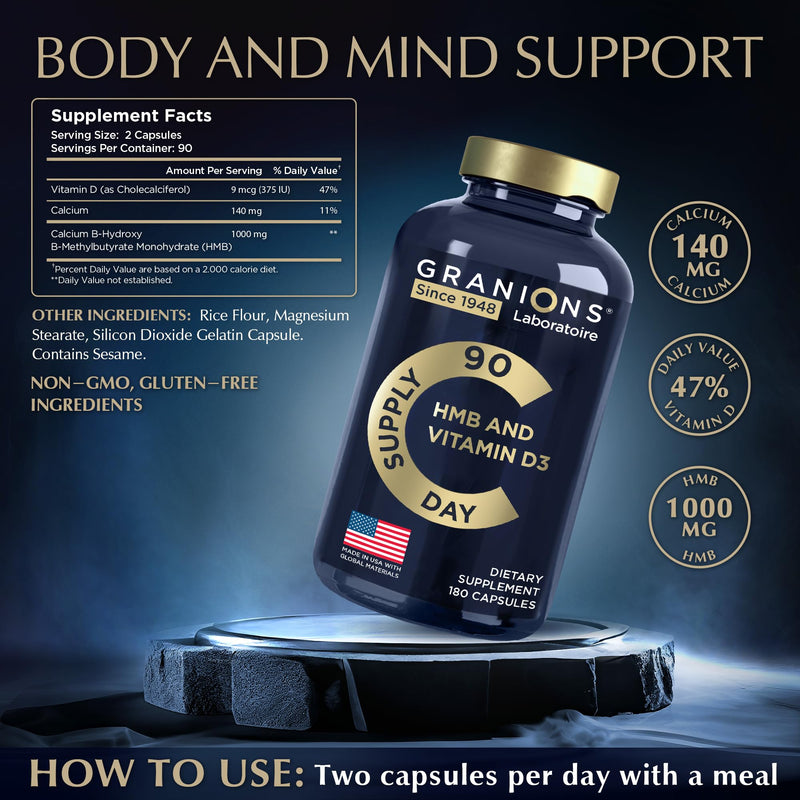 Vitamin D3 HMB Supplements for Men and Women - 1,000 MG Calcium beta-Hydroxy beta-methylbutyrate per Serving - Daily Nutritional Support for Muscle Function and Bone Health - 3-Month Supply, 180 Caps 180 Capsules - 3 Month Supply