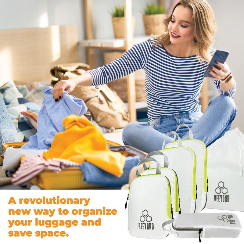 Beeyond Compression Packing Cubes Set - 6 Pieces for Travel and Luggage Organization, Includes Large & Small Cubes, Accessories Bag, and Laundry Bag White & green (6 Pieces)