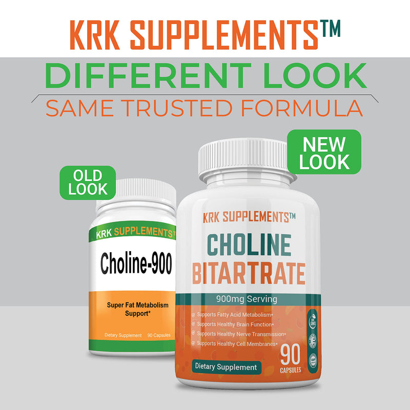 [Australia] - 2 Bottles Choline Bitartrate 900mg Per Serving 180 Total Capsules KRK Supplements 90 Count (Pack of 2) 