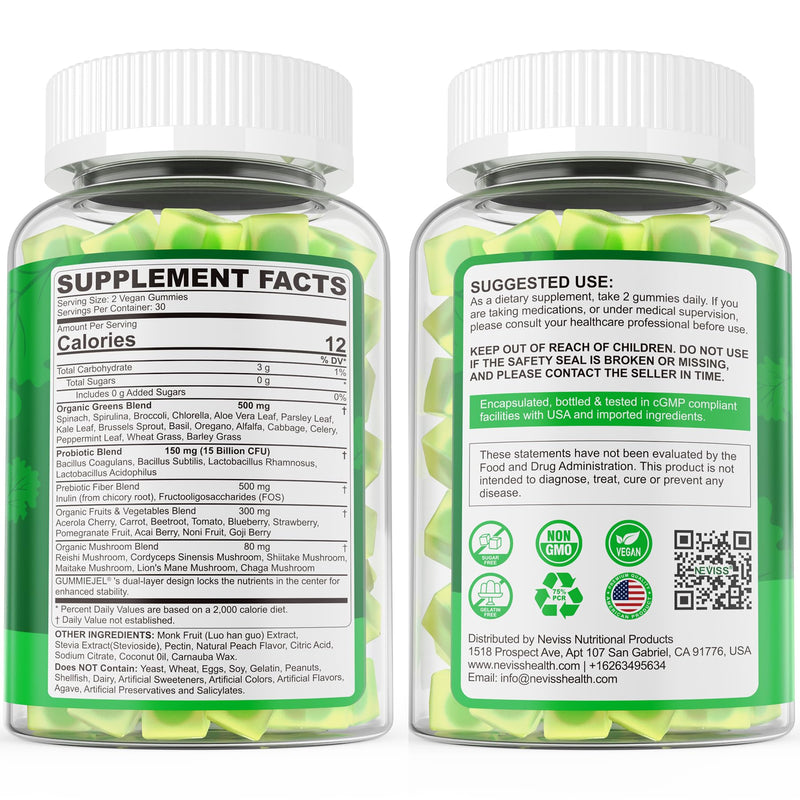 [Australia] - Organic Super Greens Daily Gummies + Probiotics, Spirulina, Chlorella, Spinach, Broccoli, Fiber, Fruits Veggies, Mushroom - Greens Powder Superfood Alternative, Natural Energy, Sugar Free Vegan, 60Cts 60 Count (Pack of 1) 