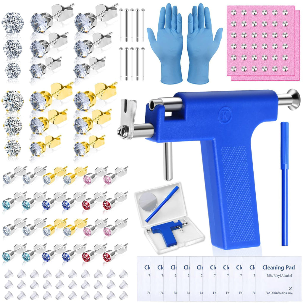 Ear Piercing Gun Kit with Earrings, Professional Ear Nose Piercing Gun with Ear Piercing Kit Surgical Steel Earrings for Salon At Home Piercing Kit Blue Gun With Ear Studs