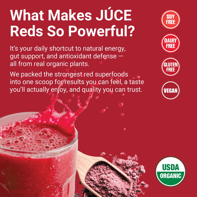 Juce Reds Organic Superfood Powder | Beet Root, 64 Superfoods | 20 Servings | Garden Berry flavor | Probiotics, digestive enzymes & adaptogens | USDA Organic, Non-GMO, Gluten Free