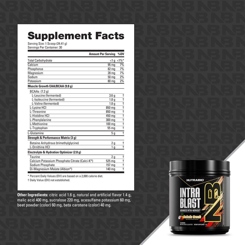 NutraBio Intra Blast Bcaa Powder Amino Acid Supplement, Electrolyte & Hydration Blend, Intra, Pre Workout & Muscle Recovery, 20g Eaa Amino Acids Powder, 5g Glutamine- Colada Crush, 30 Serving