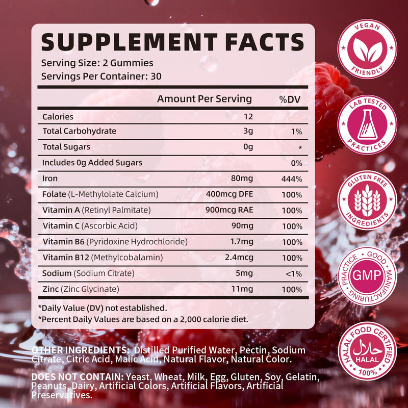 Iron Gummies for Women & Men, Vegan Iron Supplement Gummies with Vitamin C, A, B-Complex, Folate, Zinc- for Immune Health & Energy Support, Raspberry Flavor, 120 Count 120 Count (Pack of 1)