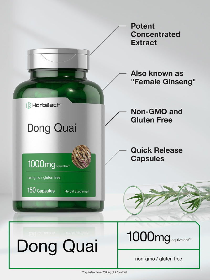 Horbäach Dong Quai Capsules | 1000mg | 150 Count | Non-GMO and Gluten Free Supplement | Traditional Herb