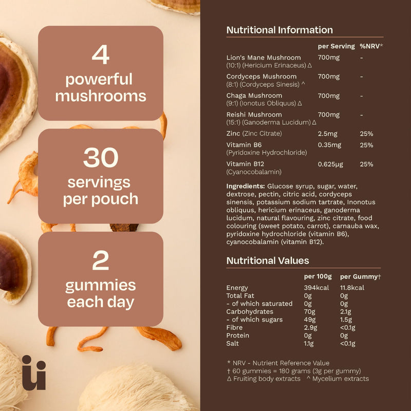 Mushroom Gummies with Lion's Mane, Chaga, Cordyceps & Reishi, 2,800mg 4-in-1 Blend with B12 & B6, 60 Raspberry Flavour Gummies, Supporting Brain Function, Sleep, Immunity & Natural Energy