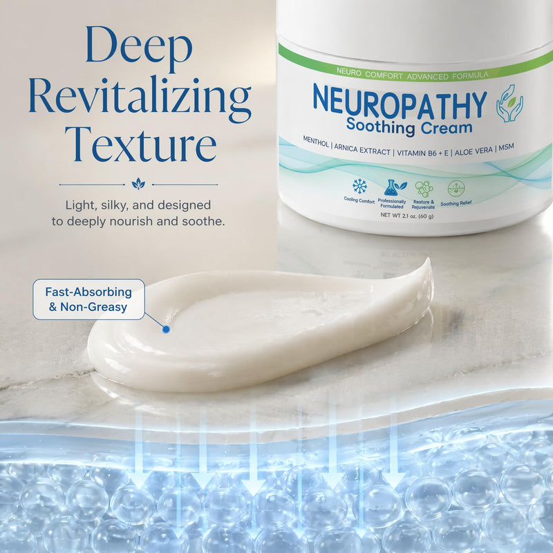 Neuropathy Soothing Cream - Nerve Relief Cream with Menthol, Arnica Extract, Vitamin B6 & E, Aloe Vera, MSM for Feet, Hands, Legs, 2.1 oz