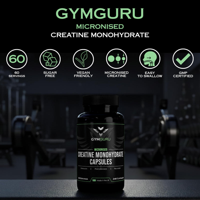 Gym Guru® Creatine Monohydrate Capsules, 240 Tablets, 3000mg, UK Made | Micronized Creatine Tablets, Pure Creatine Capsules, Vegan Creatine for Women and Men, 60 Servings, Strength and Performance
