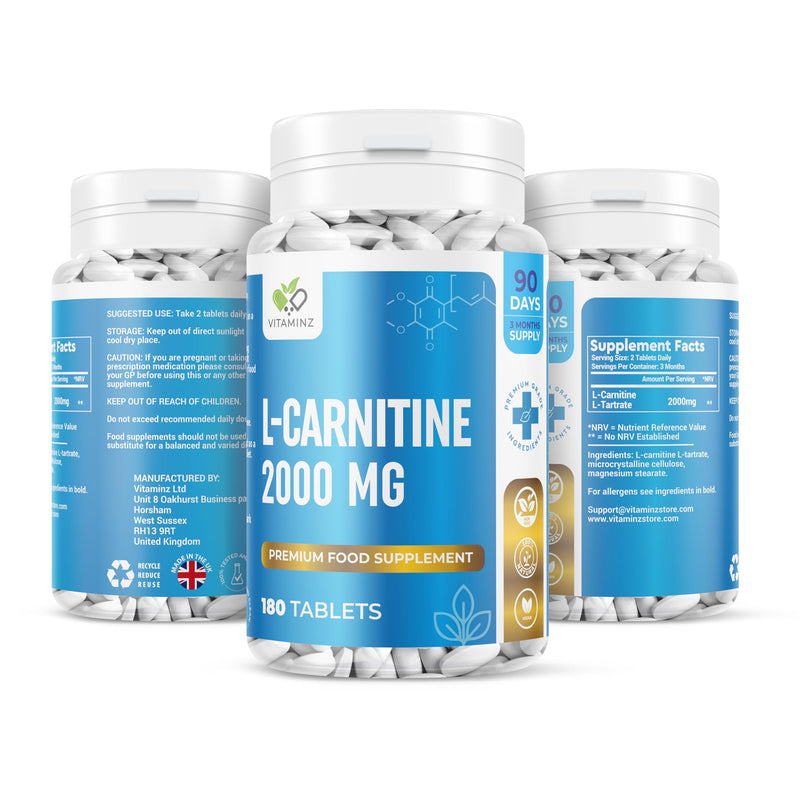 VITAMINZ L-Carnitine Complex 2000mg - 90 Days Supply - 180 Vegan Tablets (Pack of 2) 180 count (Pack of 2)