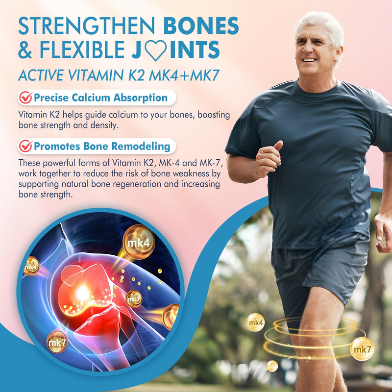 Vitamin K2 Gummies MK-7 200 mcg & MK-4 500 mcg for Women & Men Sugar Free, Perfect 2-IN-1 Full Spectrum Vitamin K2 Supplement for Bone, He-art, Promotes Calcium Absorption, Brain, Teeth, Immune,1Pack 60 Count (Pack of 1)