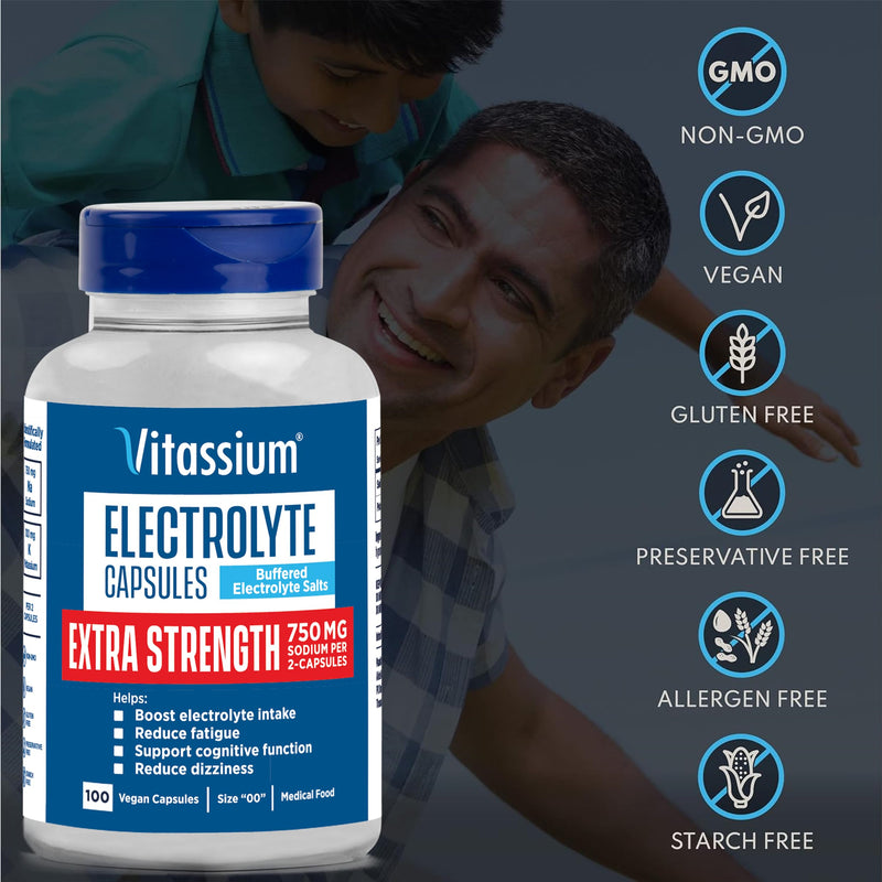 [Australia] - Vitassium Extra Strength Electrolyte Capsules, 750mg of Sodium for Dietary Management of POTS Syndrome Symptoms, Unflavored Salt Pills, 100 Capsules 