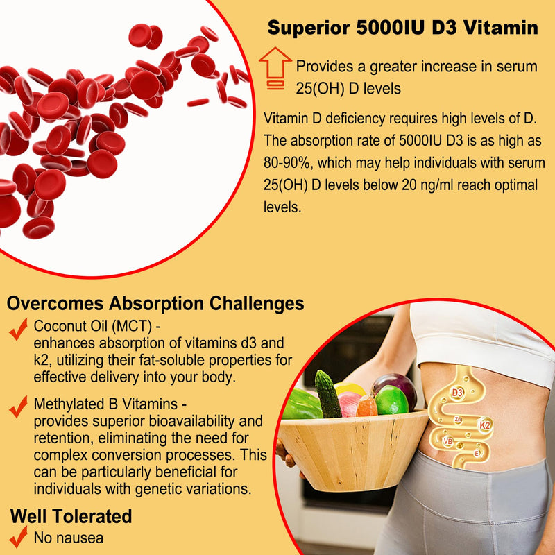Vitamin D3 5000IU+K2(MK-7)120mcg,GLP-1 Friendly Vitamin D3 K2 Gummies,2Pack | Sugar Free with Vitamin B Complex -Methyl B12, B9, B6 | Vit E & Zinc, MCT Oil - Supports Bone & Teeth Strength, Immune 60 Count (Pack of 2)