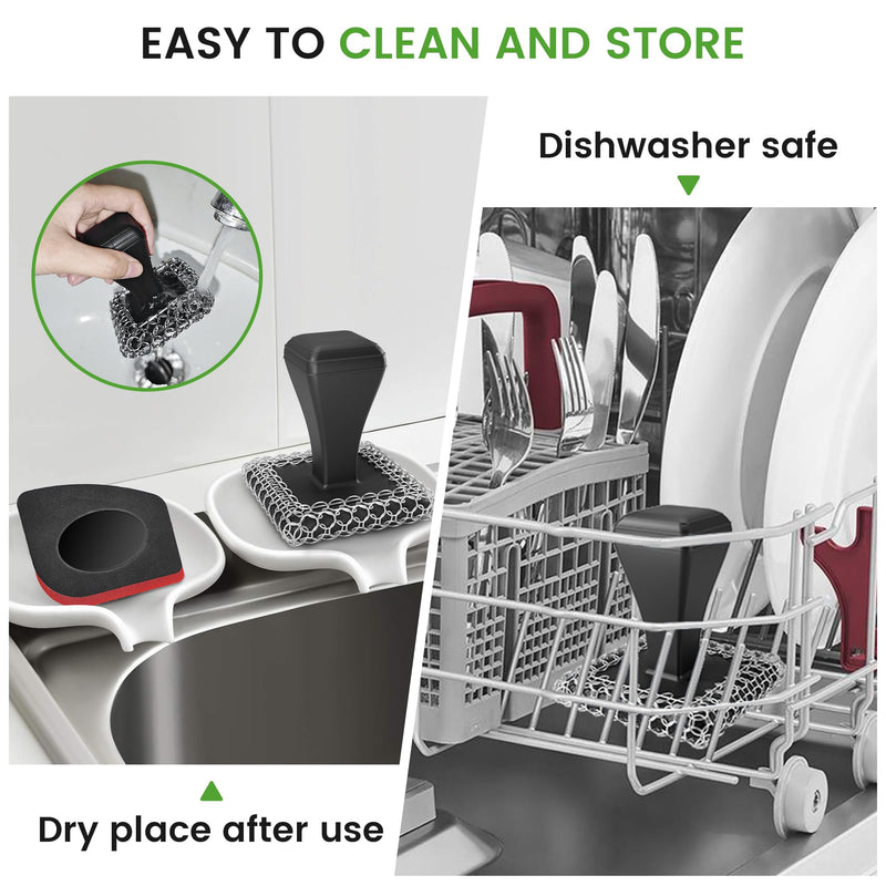 [Australia] - Cast Iron Scrubber & Cleaner Scraper Kit - Upgraded Handle 316L Stainless Steel Chainmail Scrubber for Cast Iron Pans, Dish Scrub Brush Scouring Pad for Cookware Corners Deep Cleaning - Black 