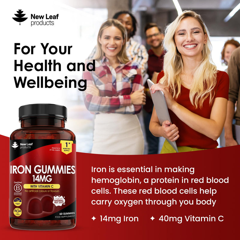 Iron Gummies with Vitamin C for Added Absorption - 60 Gummies for Women & Men - Real Fruit Juice (1 Month Supply) Iron Supplements Tasty Alternative to Tablets 14mg Per Serving Unflavoured