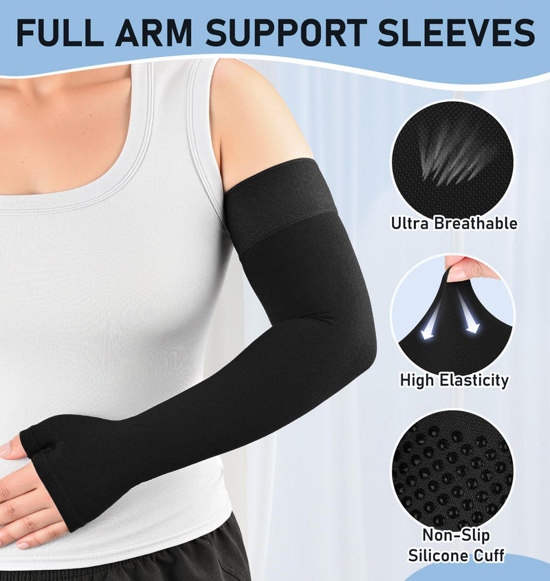 [Australia] - KEKING Lymphedema Medical Compression Arm Sleeve with Gauntlet, 15-20 mmHg Graduated Compression Full Arm Support for Women Men (Single), Long Pressure Arm Hand Brace for Arthritis, Bursitis, Edema Large Black (Single) 