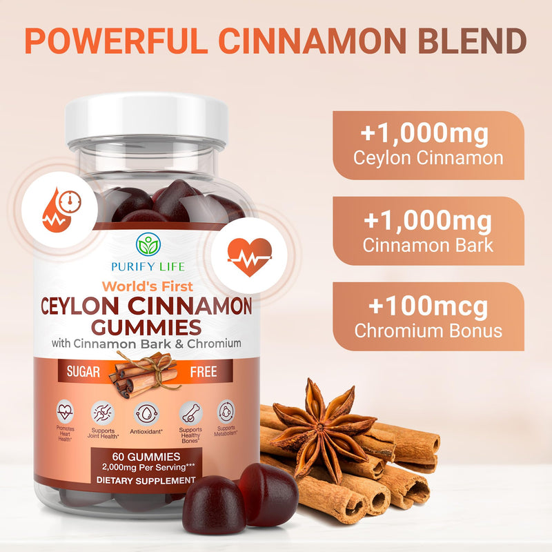 [Australia] - Sugar-Free Ceylon Cinnamon Gummies (2,000mg/Serving) Joint Pain Support Cinnamon Supplement & Brain Health, Vegan, Gluten-Free, Replace Ceylon Cinnamon Capsules, Pills, Powder Extract 60 Chews 