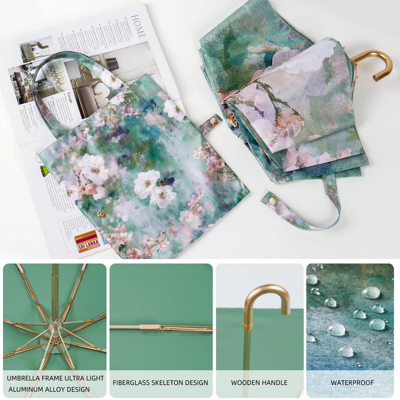 Manual Folding Floral Oil Painting Umbrella for Women - UV Protection Rain Sun Umbrella with Golden Hook Handle Lightweight Fiberglass Frame Green