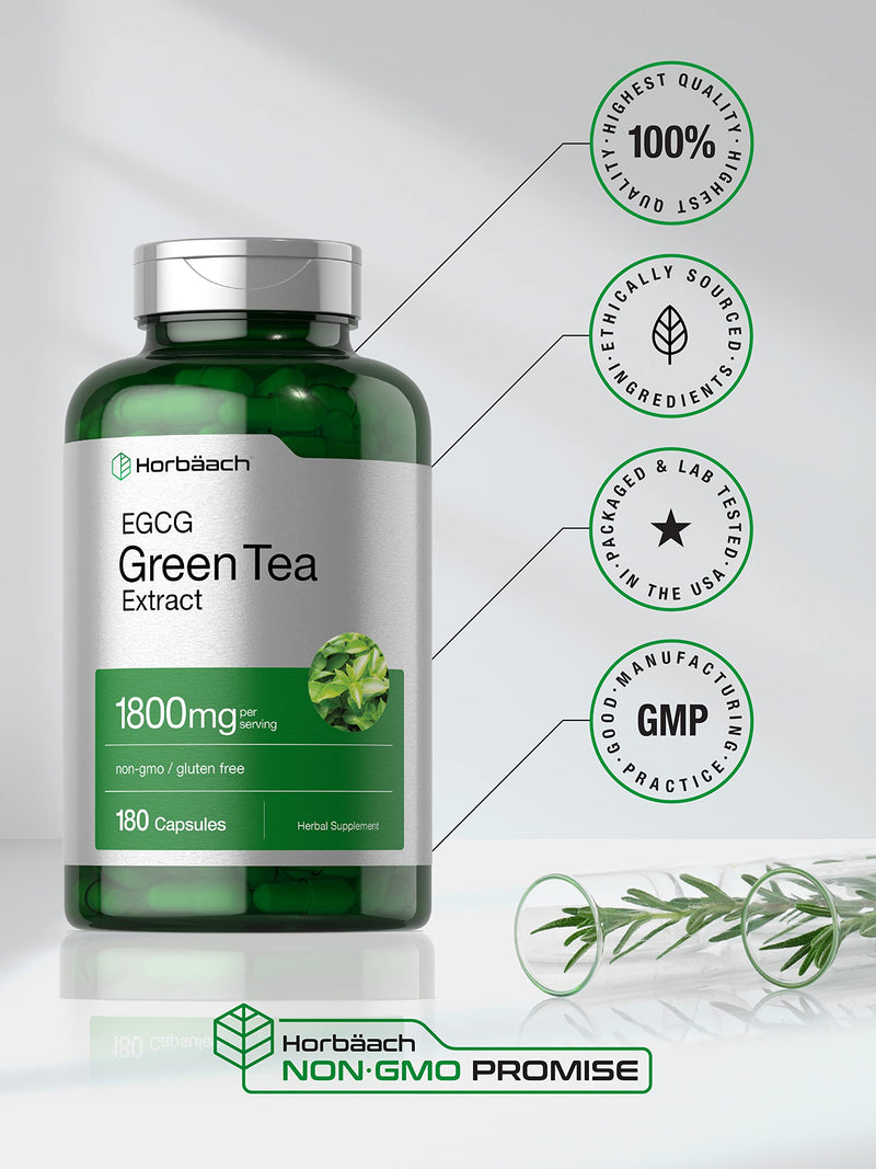 Horbäach EGCG Green Tea Extract Pills | 180 Capsules | Max Potency | Non-GMO & Gluten Free Supplement