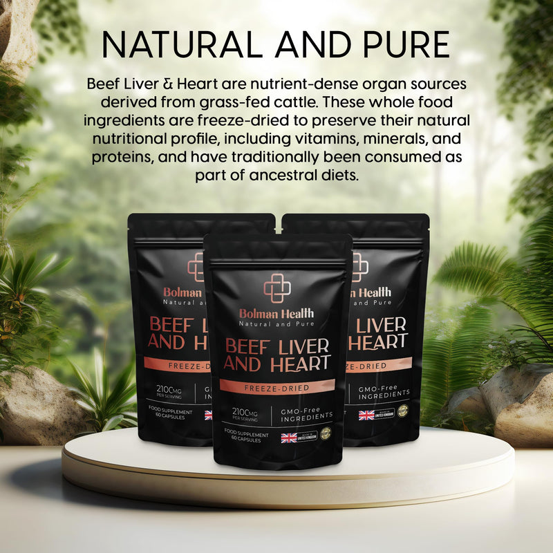 Grass-Fed Beef Liver & Heart Capsules | 2100mg Per Serving | Freeze-Dried Bovine Organ Supplement | Supports Energy, Stamina & Vitality | 60 Capsules | Non-GMO | Gluten-Free