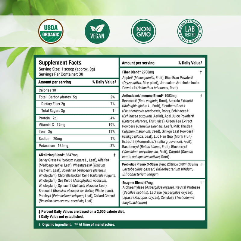 [Australia] - Nested Naturals Super Greens Daily Superfood Powder - Certified USDA Organic Green Powder w/20+ Whole Foods, Spirulina Powder,Wheat & Barley Grass - Probiotics, Fiber & Enzymes - Original Flavour, 30 Original (30 Servings) 