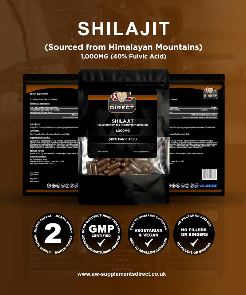 AW Shilajit Capsules | 120 High Strength Himalayan Shilajit Extract Supplements - 1000mg per Serving | Non-GMO & Gluten Free | Made in The UK