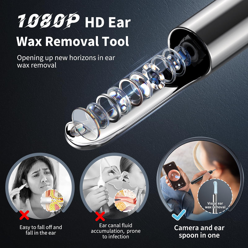 [Australia] - Ear Wax Removal, Ear Cleaner with Camera and Light, Ear Wax Removal Kit with 8 Pcs Set, Ear Wax Removal Tool Camera with 1080P, Ear Cleaning Kit with 6 Spoons, Ear Camera for iOS & Android (Black) Black 