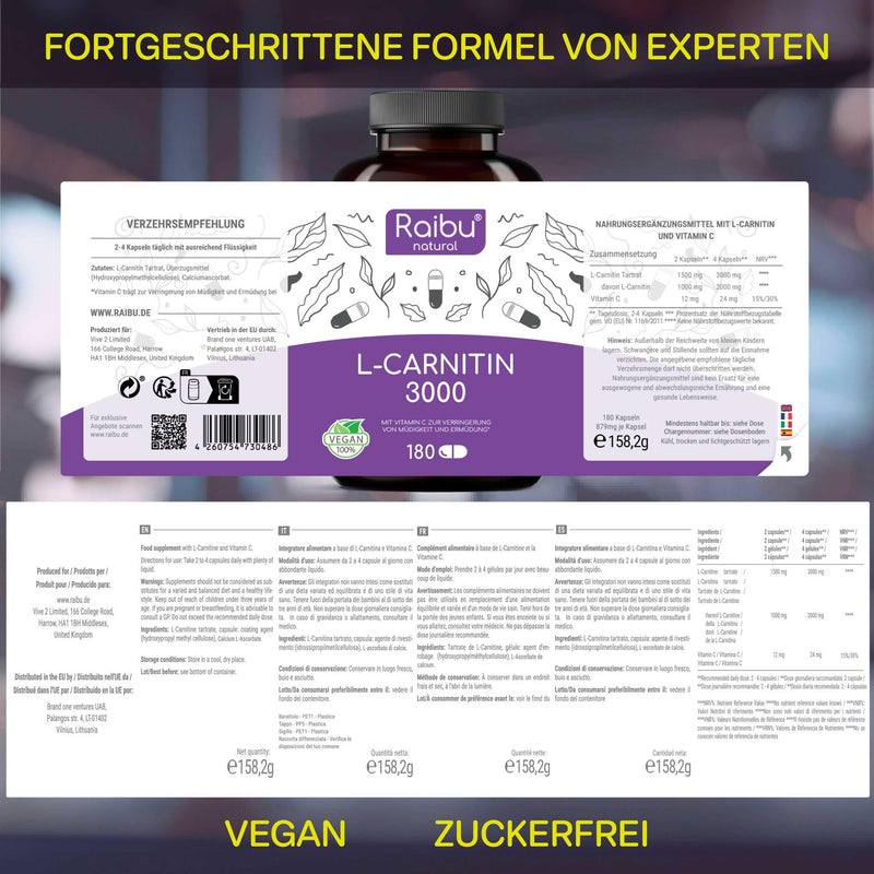 [Australia] - High-dose L-carnitine capsules - 180 vegan capsules, 3000 mg L carnitine tartrate per daily dose - premium quality & laboratory tested - pure, most stable form for optimal absorption 