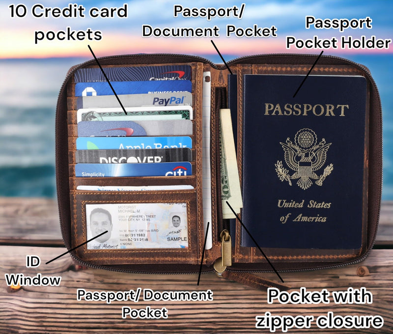 Passport Wallet - Travel Document Holder w/RFID Blocking – Full Grain Leather – Bifold compact zip around Wallet with Credit Card Slots for Women and Men,distressed brown,500-30 distressed brown Solid