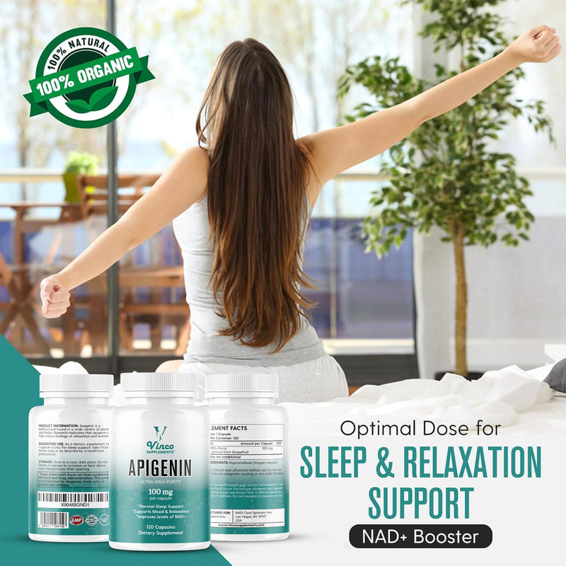 Vinco Apigenin 100mg Supplement - 120 Sleep Capsules for Better Relaxation, 99%+ Pure Natural Formula - NAD Booster, Apigenin Sleep Supplements, Natural Sleep Aid for Adults - Made in the UK