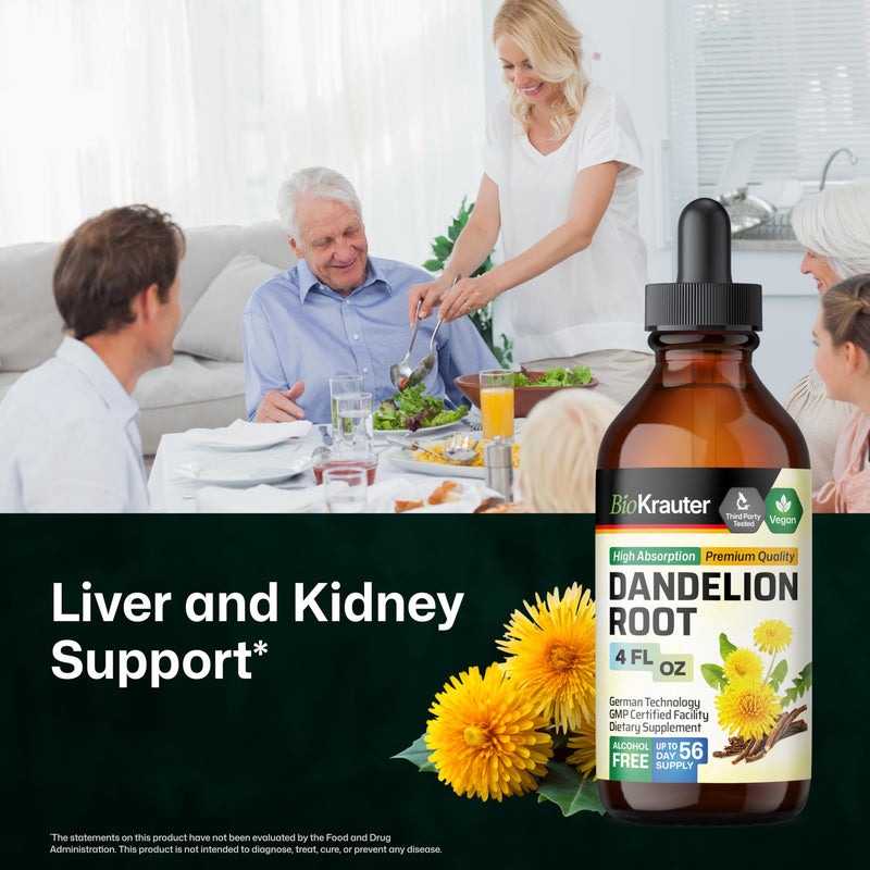 BIO KRAUTER® Dandelion Root Extract - Liquid Pure Vegan Dandelion Root Supplement 689 mg per Serving 4 Fl.Oz 56-Day Supply - Used for Liver & Kidney Support, Cleanse & Detox - Alcohol & Sugar Free 4 Fl Oz (Pack of 1)