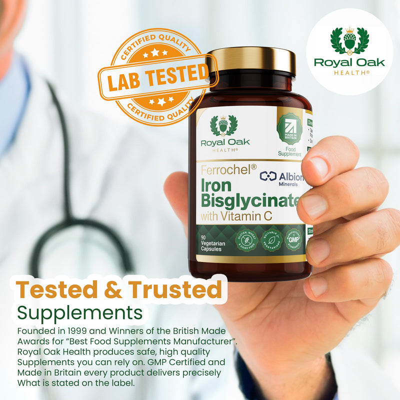 Ferrochel® Chelated Iron Bisglycinate 20mg with Vitamin C | 90 Capsules | 3 Month Supply | Gentle on Stomach, High Absorption, Enhanced Bioavailability Iron | Made in Britain