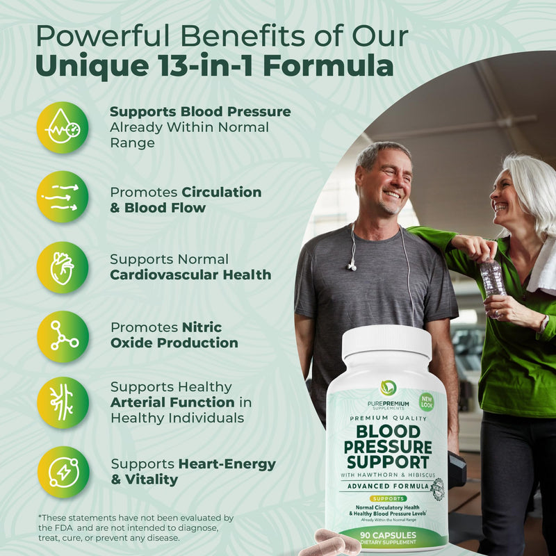 PurePremium Blood Pressure Supplements with Hawthorn Berry, Hibiscus - 90ct | Garlic & Vitamin B12 - Nitric Oxide Supplement for Normal Heart Health, Circulation Health & Blood Pressure Support, USA Made 90 Count (Pack of 1)