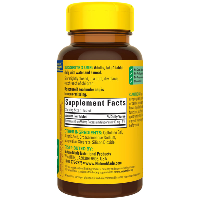 Nature Made Potassium Gluconate 550 mg, Potassium Supplements, 100 Tablets | Dietary Supplement for Nerve, Muscle and Heart Function Support, Helps Support Fluid Balance, Gluten Free, 100 Day Supply 100 Count (Pack of 1)