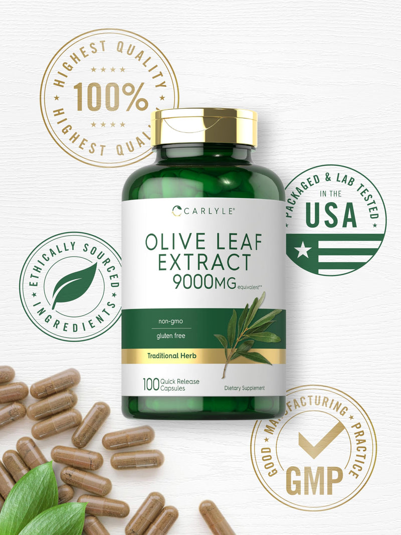 Carlyle Olive Leaf Extract Capsules | 9000mg | 100 Count | Non-GMO, Gluten Free | High Potency Supplement 100 Count (Pack of 1)