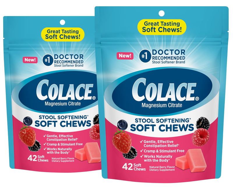 [Australia] - Colace Stool Softener Soft Chews, Gentle Constipation Relief, No.1 Doctor Recommended Stool Softener Brand, 42 Mixed Berry Chews (Pack of 2) 42 Count (Pack of 2) 