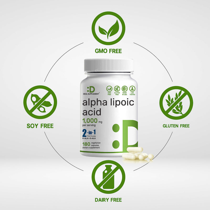 Alpha Lipoic Acid 1,000mg, 180 Veggie Capsules – 50/50 R-ALA & S-ALA for Max Bioavailability – Antioxidant Supplement – Energy & Nervous System Support – Non-GMO ALA 1000mg 2-in-1 180 Count (Pack of 1)