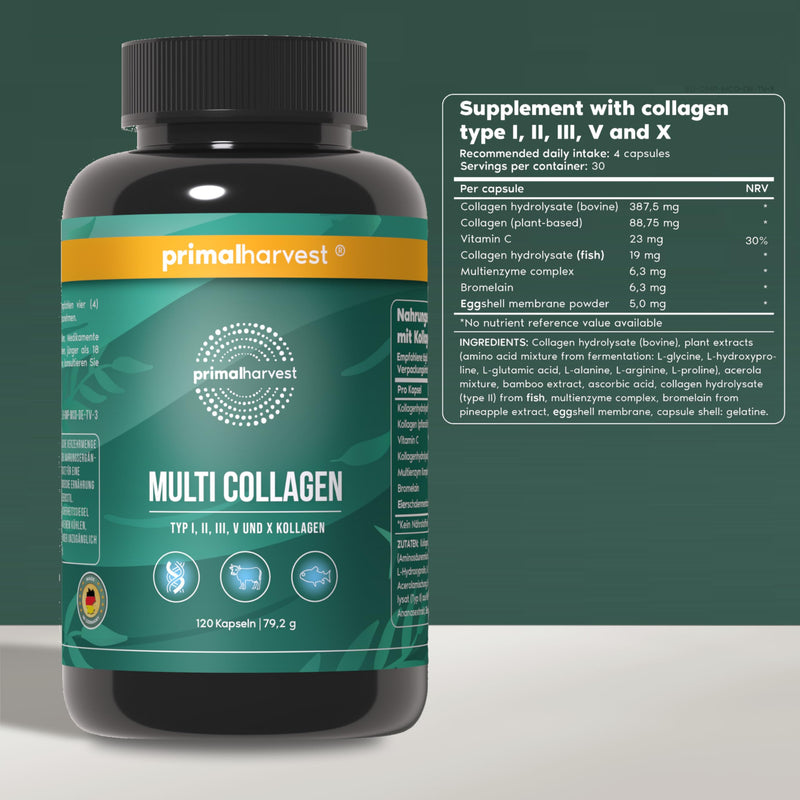 Primal Harvest Multi Collagen Supplement Types I, II, III, V & X Collagen Pills for Men & Women Dairy, Soy & Gluten Free 1 Pack 120 Capsules 120 count (Pack of 1)