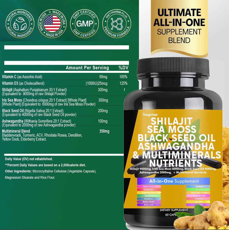 [Australia] - Shilajit 9000mg Sea Moss 6000mg Black Seed Oil 4000mg Ashwagandha 2000mg Burdock 1000mg & Vitamin C & D3 with Elderberry rhodiola rosea Dandelion Yellow Dock Turmeric ACV 
