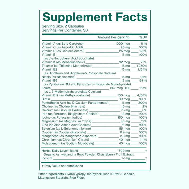 Love Wellness | Daily Love Multivitamin for Women | 30-Day Supply Capsules | Women's multivitamin, Contains Vitamin C, D, Iron, Calcium, Zinc, Biotin, Magnesium, 60 capsules, Easy to take
