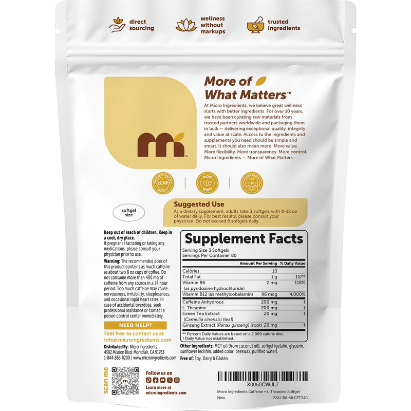 Caffeine Pills 200 mg with L-Theanine 200 mg Per Serving, 240 Softgels | Focus & Energy Support* | 6-in-1 Supplement with Vitamin B6, Methyl B12, Green Tea & Panax Ginseng | Made with MCT Oil