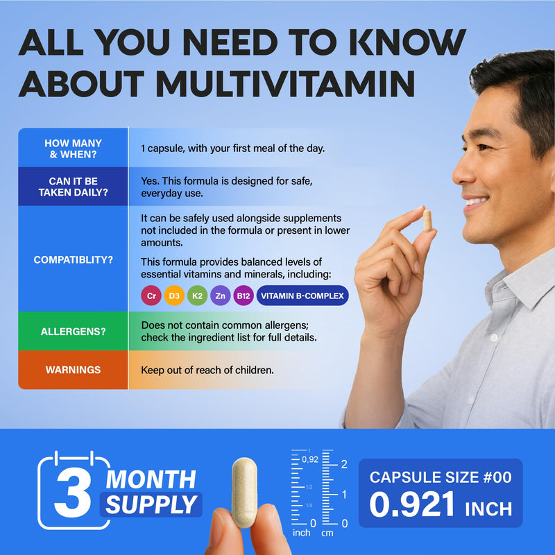 Multivitamin for Men - B-Complex & B12 | Whole Foods & Enzymes - 90 Caps | Mens Multivitamin 46in1 - Energy, Focus & Brain | Men's Health Complex - Bioavailable & Gentle on Stomach - Lab Tested, 1/Day