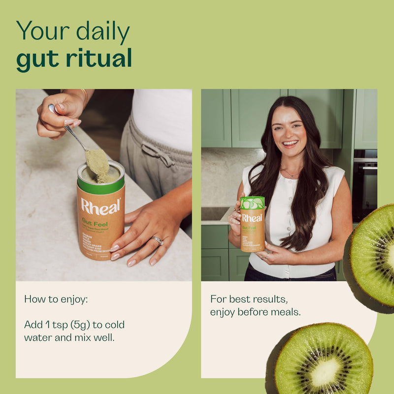 Rheal Gut Feel 150g – Gut Health Superfood Blend with Actazin® Kiwi, Aquamin® Calcium & Ginger – Supports Digestion, Bloating & Bowel Regularity – Gluten-Free. 30 Servings