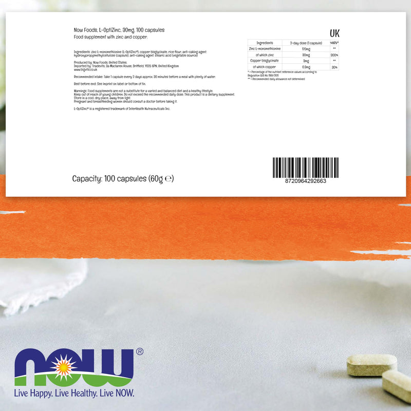 Now Foods, L-OptiZinc, 30mg Zinc and 0.3mg Copper, Depot, High Dose, 1 Capsule Every 2 Days, 100 Vegan Capsules, Gluten Free, Soy Free, Non-GMO, Vegetarian