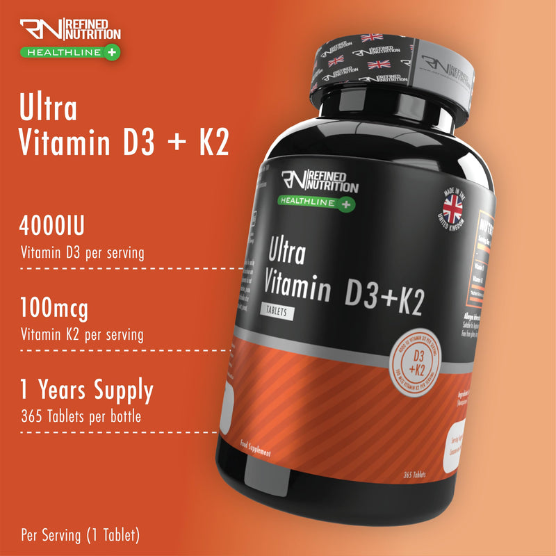 Refined Nutrition Vitamin D3 and K2 4000 IU - 365 Micro Tablets (1 Year Supply) - High Strength VIT D3 with K2 MK7 100ug - Supports Immune & Bone Health - Vegetarian & Halal - Made in UK